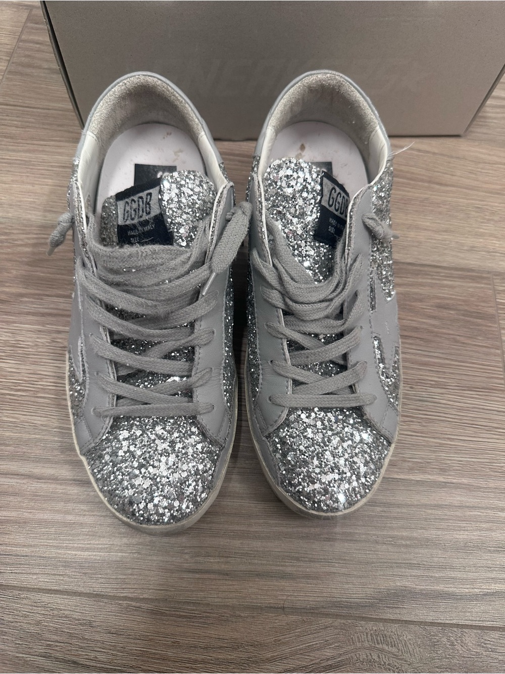 Golden Goose Silver Glitter Superstar Sneakers with Gray Suede Star - Picture 2 of 7